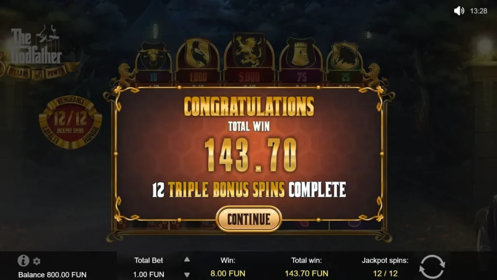 The Godfather: 3 Pillars of Power slot theme featuring golden pillars and mob-inspired imagery